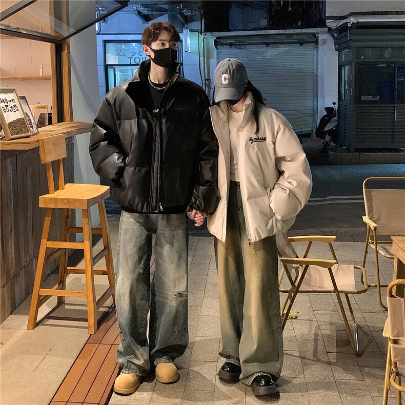 情侣装24冬装宽松绣花PU皮棉衣男女冬季棉服面包服外套S367-P128,男装棉衣,电商A233-1