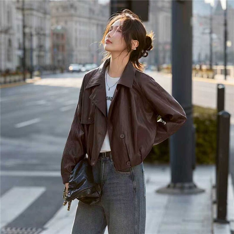 【大量现货】2026秋季女装新款时尚百搭翻领小个子高级感皮衣外套,女装皮衣,魅衣本色