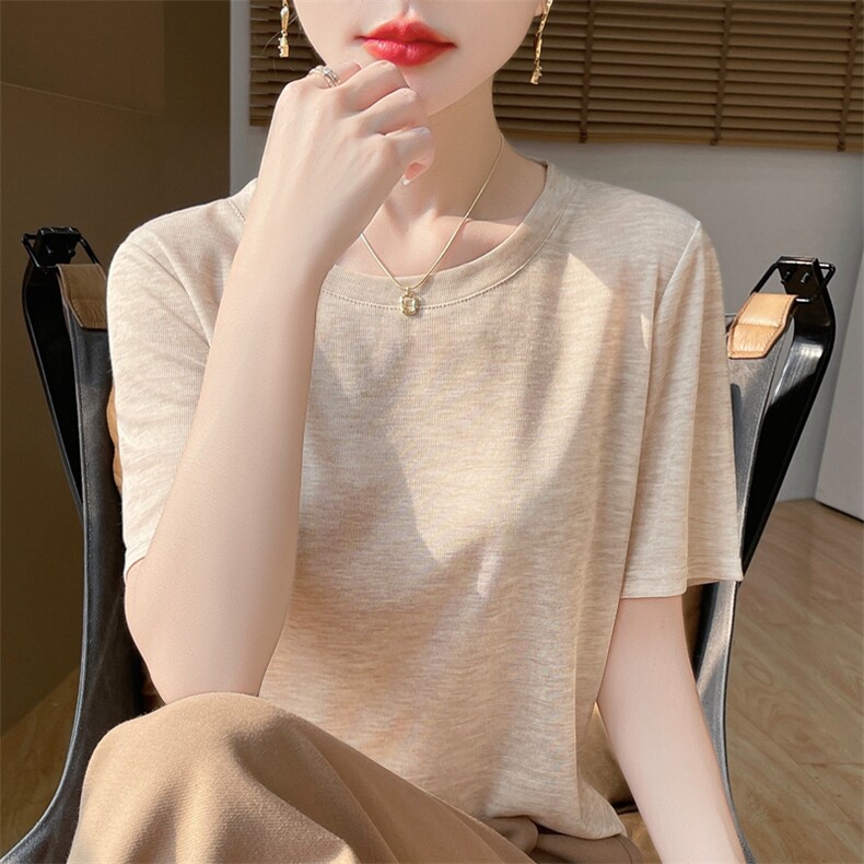 简约圆领气百搭显瘦短袖上衣女,针织衫/毛衣,绒宛羊绒