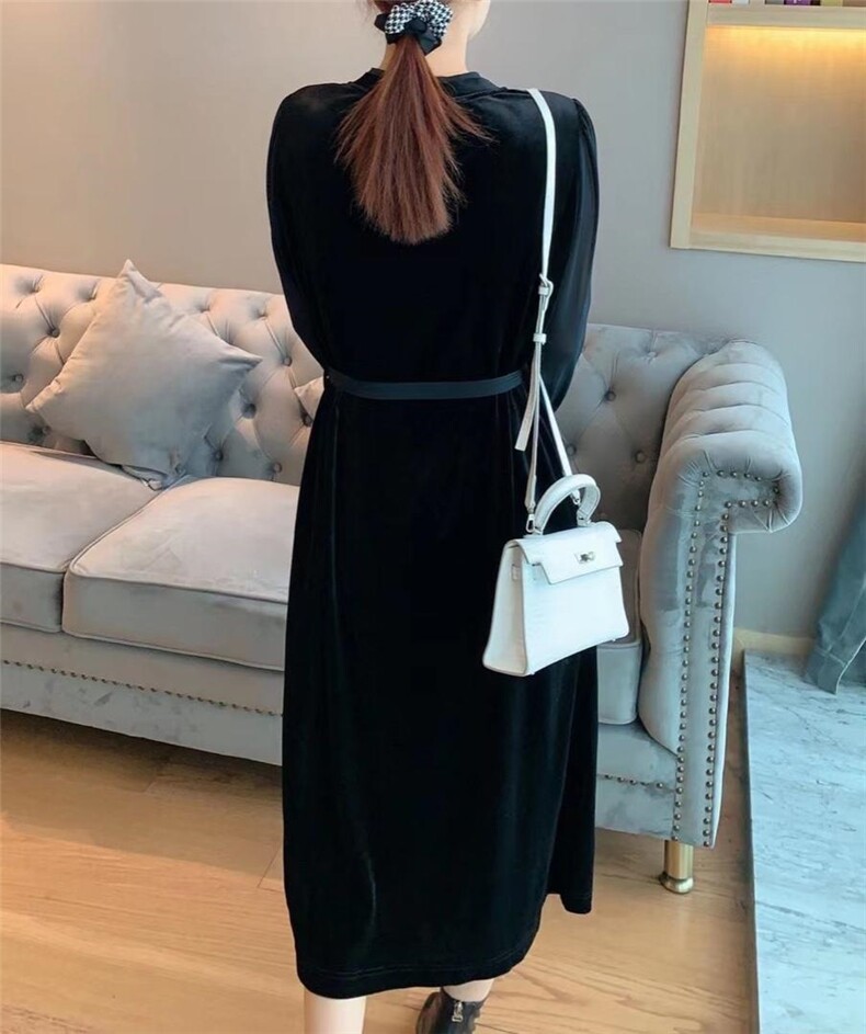 秋款气质金丝绒连衣裙M一XXL，女装连衣裙，名门秀