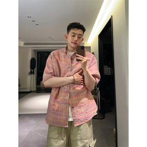 【网图有货】粉色泡泡纱衬衫男设计感高级感短袖衬衣G156LL-特P35图片