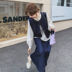 牛仔马甲衬衫半身裙套装女春秋2025新款休闲老钱风流行超火三件套，女装套装/套裙，2C293