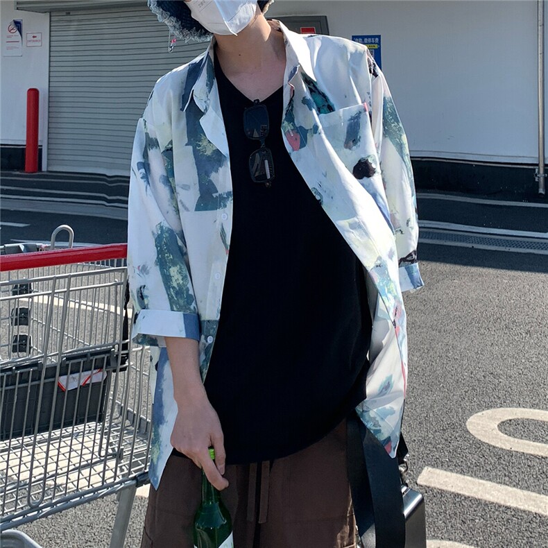 2026夏休闲水墨画冰丝凉感短袖五分袖半袖衬衫CS29/特P30浅蓝3,男装衬衫,电商A094