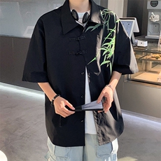 2026夏装潮男新中式印花盘扣短袖五分袖衬衫CS780/特P35黑色3，男装衬衫，电商A094