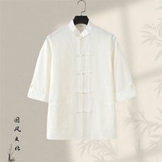 夏唐装风盘扣新中式七分袖棉麻复古居士服茶服GF2503-P60，男装衬衫，星座1105-3