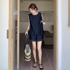 独特绝美松弛感穿搭无袖牛仔套装女夏新款超火慵懒风短裤两件套，女装套装/套裙，2C159