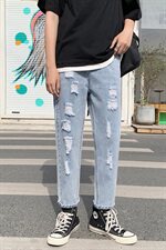 破洞牛仔裤男韩版九分裤bf港风宽松直筒乞丐裤，男装牛仔裤，星座308B-2