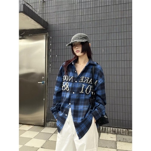 美式潮牌复古红色格子衬衫女春夏长袖防晒衬衣设计感宽松情侣外套图片