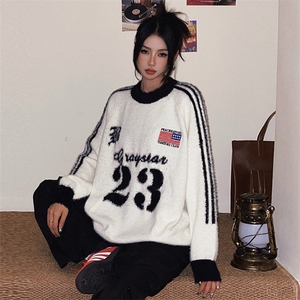 美式字母提花马海毛圆领毛衣男女慵懒宽松情侣针织衫街头MY9532图片
