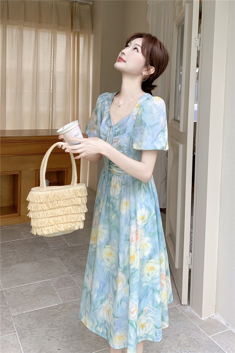 6.2设计感法式复古印花连衣裙没控价,女装连衣裙,1D102-1