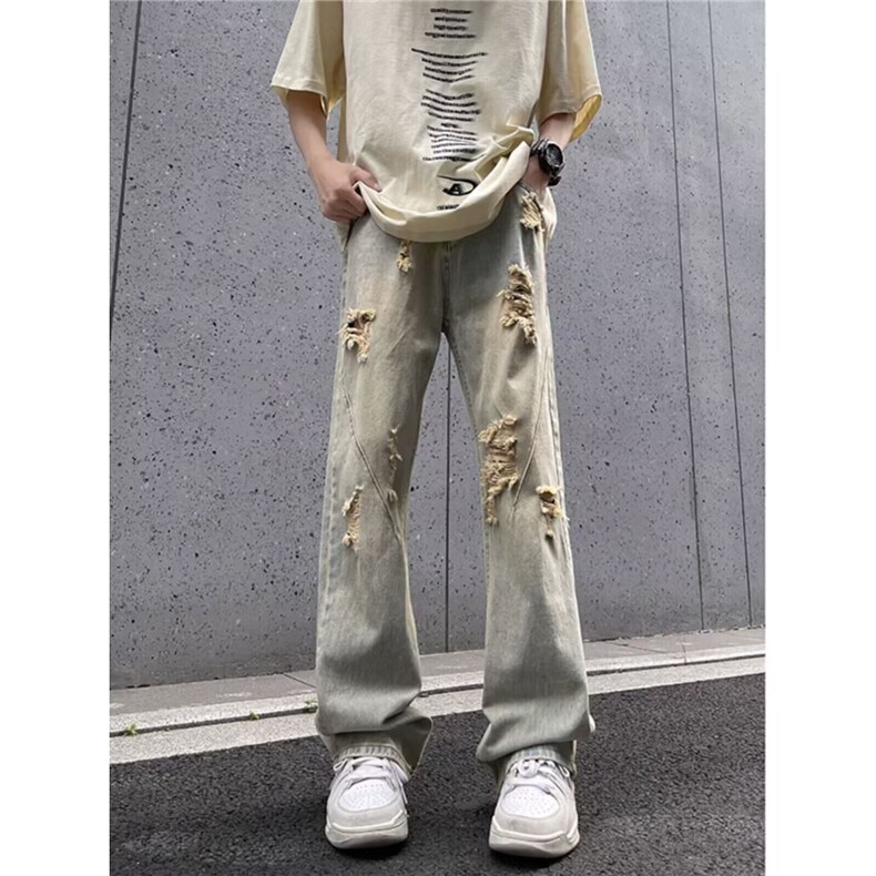 微喇破洞牛仔裤新款直筒宽松美式高街裤子潮牌,男装牛仔裤,星座1210-1