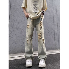 微喇破洞牛仔裤新款直筒宽松美式高街裤子潮牌，男装牛仔裤，星座1210-1