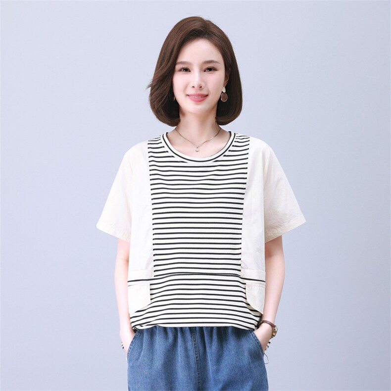 时尚宽松拼接条纹短袖T恤女夏季新款韩版百搭显瘦休闲上衣图片