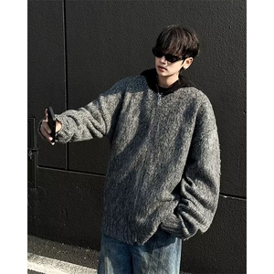美式宽松开衫毛衣海马毛外套男撞色连帽针织衫图片
