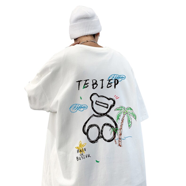 T533P26夏季新款港风纯棉短袖T恤ins衣服宽松半袖体恤小熊上衣,男装T恤,星座304A