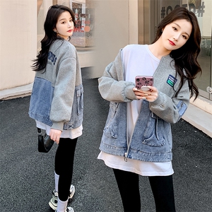 欧货牛仔拼接棒球服外套女2024春季新款韩版休闲卫衣夹克开衫上衣