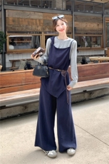 蓝色设计感马甲套装女2025秋季新款气质轻熟风打底衫阔腿裤三件套，女装套装/套裙，2C133