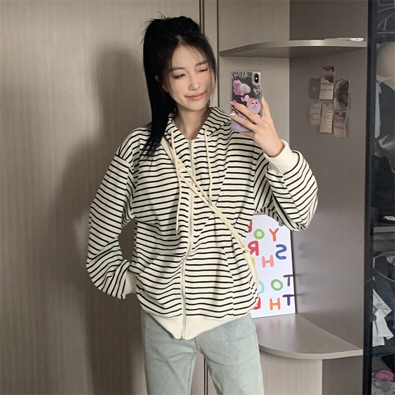 KS288-P55条纹卫衣拉链开衫连帽女学生外套2025春秋冬新款潮上衣,女装短外套,星座617A-2