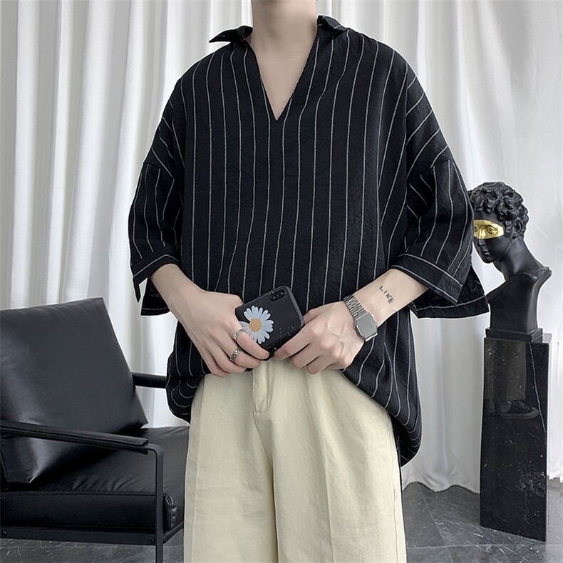条纹衬衫男短袖夏季薄款痞帅港风上衣服2025新款宽松潮牌潮流外套,男装T恤,电商A177