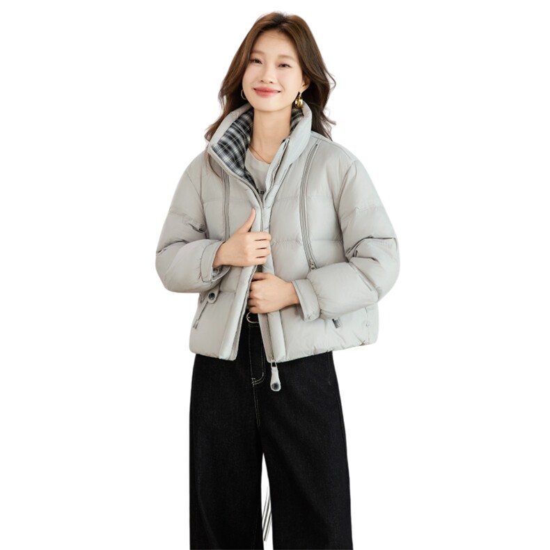 现货25冬装新款格子撞色拼接时尚双拉链气质羽绒服外套女,女装羽绒服,衣珂纱朗