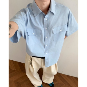 W454-P45 夏季新款日系复古中性学院风短袖衬衫男女休闲宽松衬衣图片
