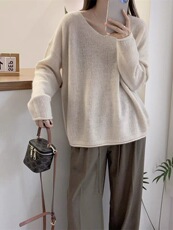 时尚温柔风加厚V领卷边套头羊毛衫显瘦百搭宽松毛衣，女装羊毛衫，圣旺供货