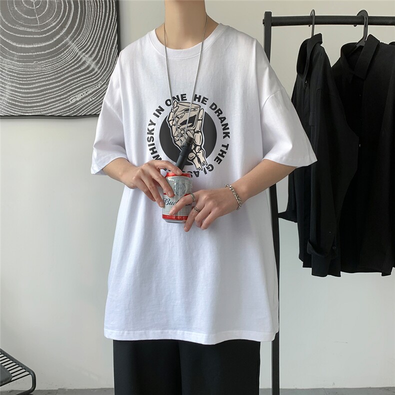 夏季新款港风潮流印花宽松圆领短袖T恤男T41 P25控38图片