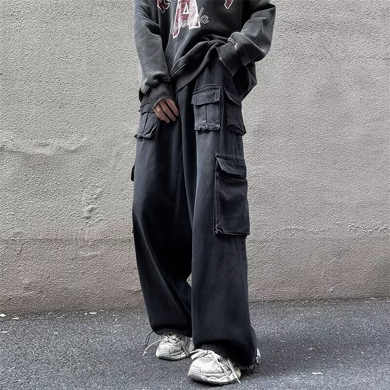 多口袋工装牛仔裤男女春秋季美式复古潮牌宽松阔腿裤百搭束脚裤子,男装牛仔裤,星座601-2