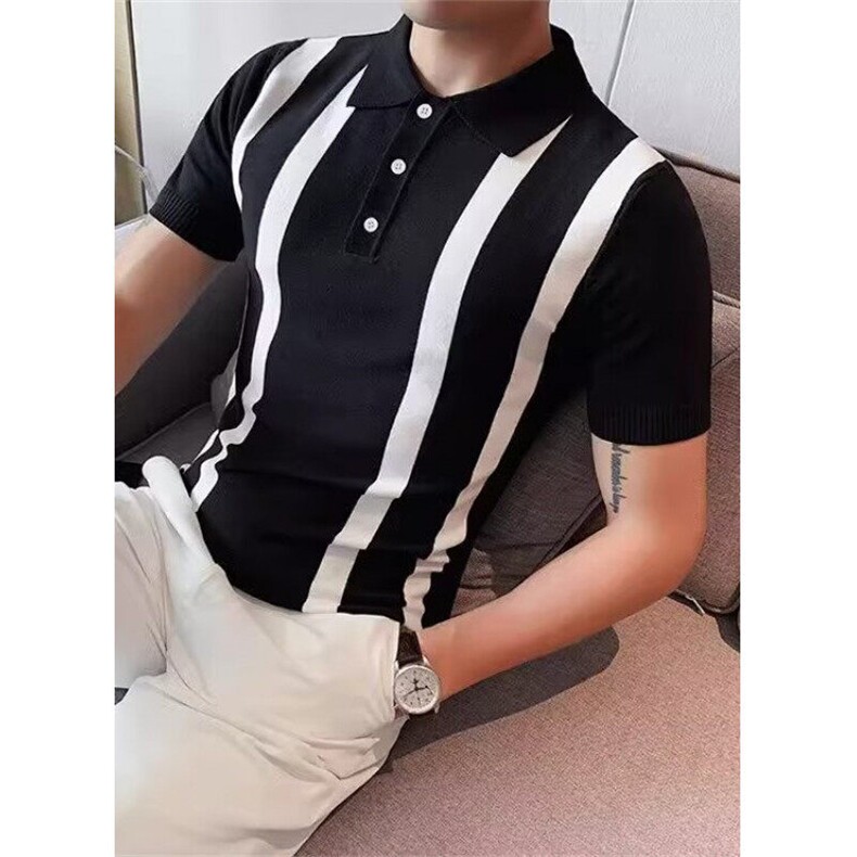 复古风男士帅气修身翻领针织衫英伦青年拼色条纹polo衫男TB285,男装Polo衫,星座1116A-2（原606A-1）