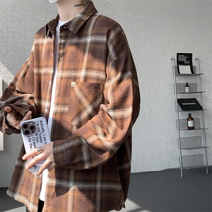衬衫男春季新款港风宽松大码磨毛格子长袖衬衣CS2018-P35图片