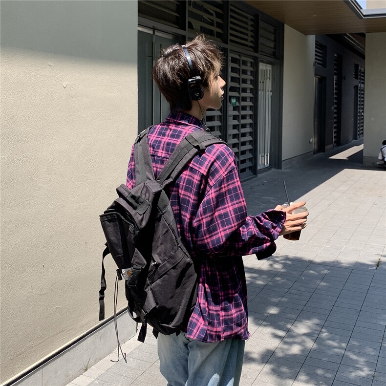 B413-1-DX877美式复古长袖格子衬衫男休闲百搭潮流宽松衬衣外套,男装衬衫,电商B413-1