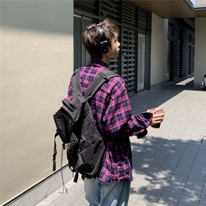 B413-1-DX877美式复古长袖格子衬衫男休闲百搭潮流宽松衬衣外套图片