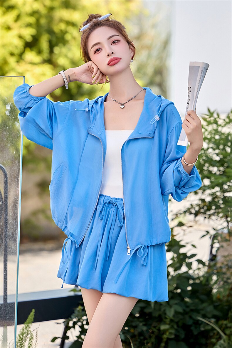 蓝色休闲时尚套装女夏季2025新款韩版长袖防晒衣花苞半身裙两件套,女装套装/套裙,半夏