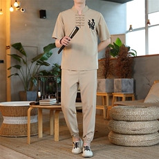 男士夏季冰丝短袖复古风唐装汉服中式居士服风套装ZT2301-P78，男装T恤，星座1105-3