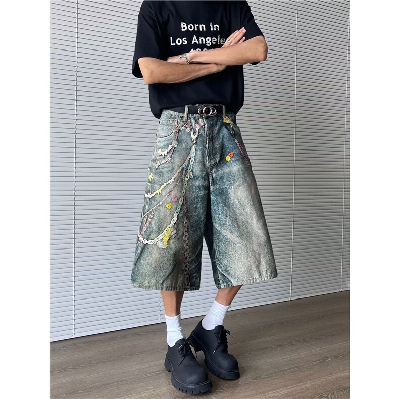 美式复古链条印花牛仔裤男夏季七分短裤宽松阔腿裤J844P53,男装牛仔裤,星座1013-1