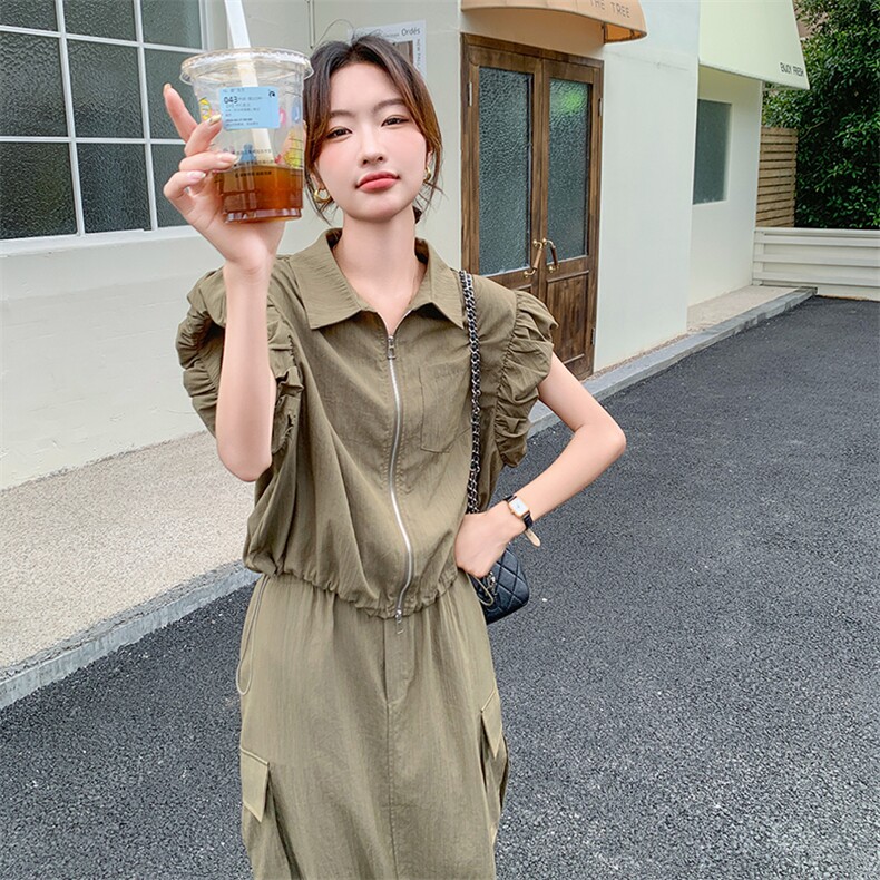 工装风休闲套装裙女2025年夏季新款韩系显瘦拉链上衣半身裙两件套，女装套装/套裙，维壹