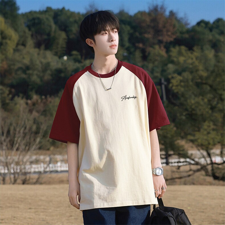 抖音得物高品质二开240克宽松纯棉美式潮牌插肩袖拼接短袖T恤，男装T恤，电商A486