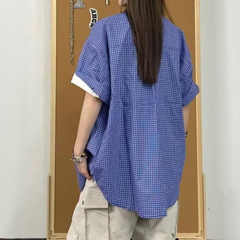 蓝色格子短袖衬衫女男夏季2025新款设计感小众宽松港风穿搭休闲,男装衬衫,星座506A