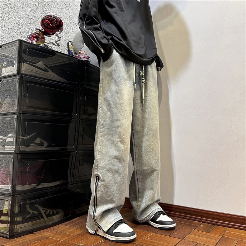 k1068-p55-控78 M-5XL 现货拉链宽松牛仔裤港风高阶黑暗牛仔图片