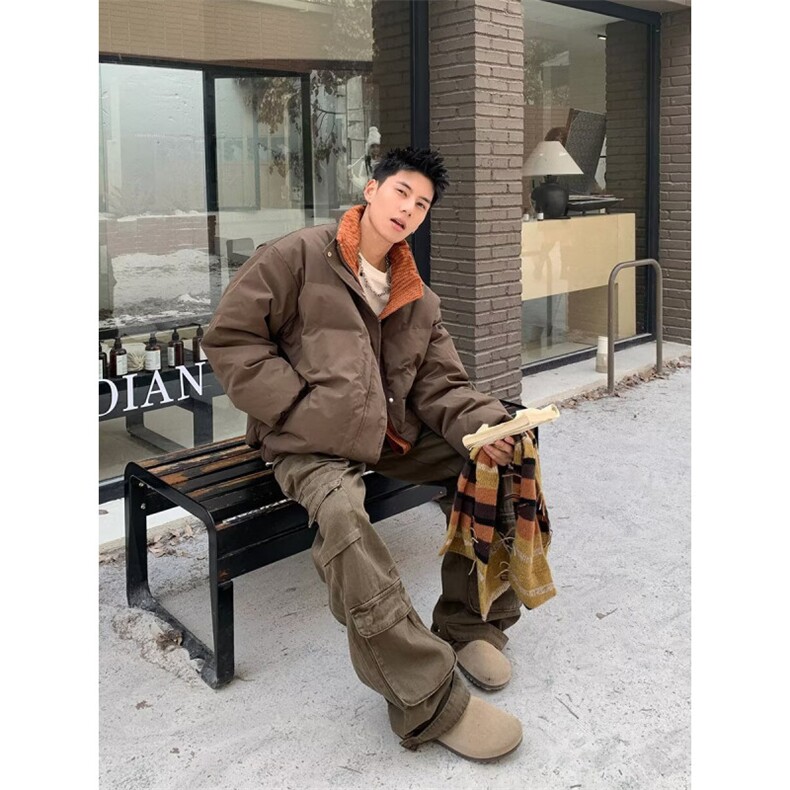 EAHO秋冬两面穿棕色复古立领棉服夹克男女情侣加厚外套，男装夹克，四季星座505