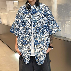 泰式花衬衫短袖男夏季薄款冰丝五分袖衬衣中国风印花宽松大码寸衫，男装衬衫，电商A128