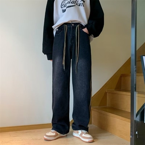 撞色水洗牛仔裤子男款春季新款美式复古做旧风宽松直筒阔腿裤图片
