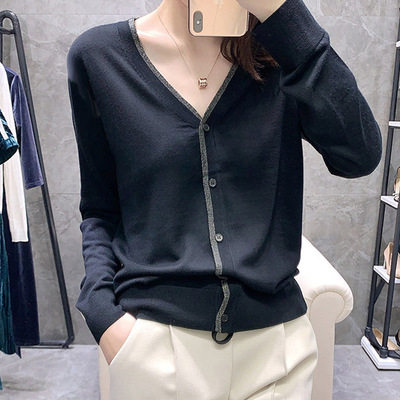 羊绒开衫女V领薄款秋季宽松显瘦毛衣短款外搭针织打底羊毛衫外穿，女装针织衫/毛衣，洁纯羊绒