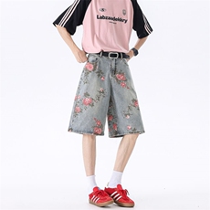 美式复古高街花卉牛仔五分裤男款夏季高级感XZ201-339P42，男装牛仔裤，星座201