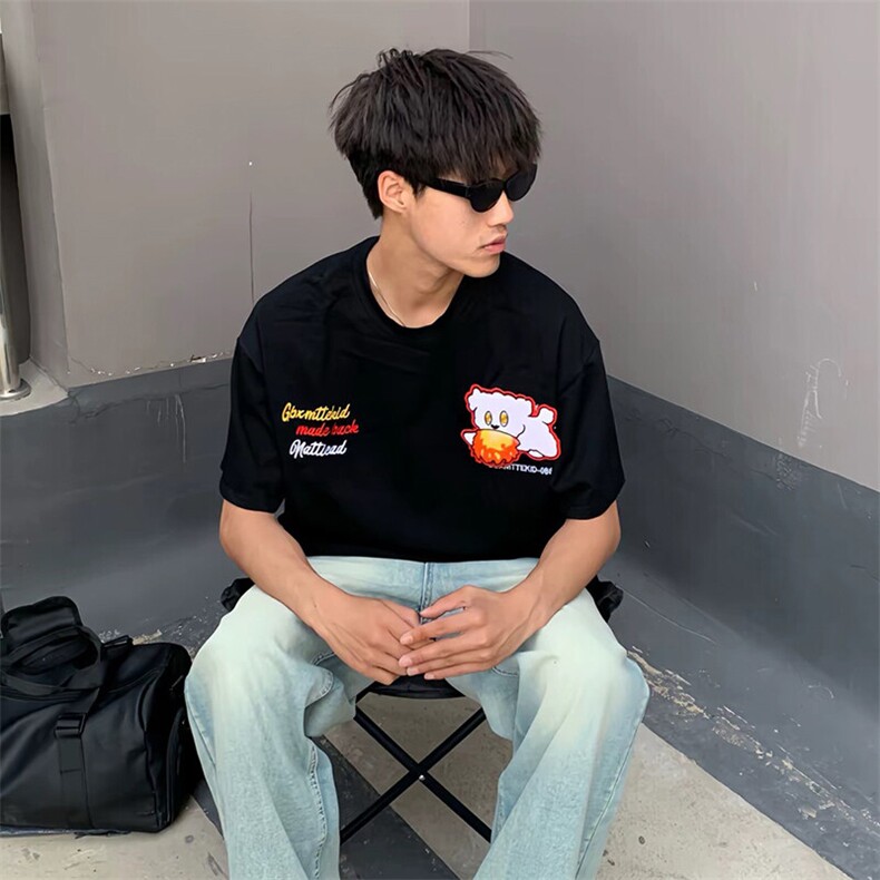 万针全刺绣工艺抖音得物高品质260克重磅纯棉双纱美式高街短袖T恤,男装T恤,电商A486