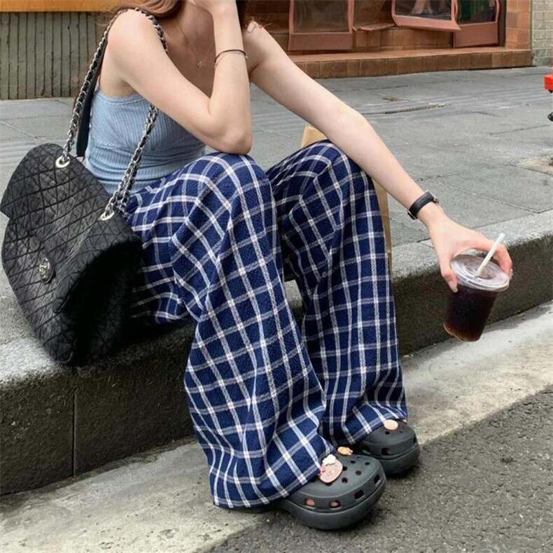 美式高街潮牌男女泡泡格子休闲裤直筒宽松慵懒显瘦阔腿休闲长裤子图片