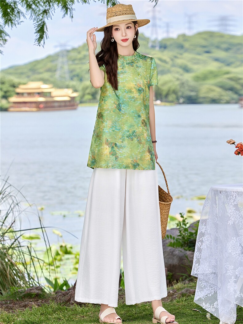 新中式印花盘扣上衣+阔腿裤两件套,女装套装/套裙,鑫鑫美