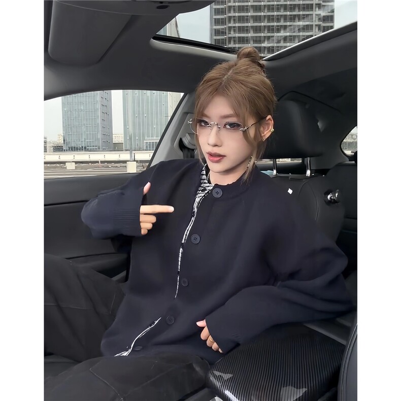 美式假两件格子拼接开衫毛衣男秋冬慵懒松弛感针织衫情侣休闲外套,男装针织衫/毛衣,星座516A