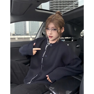 美式假两件格子拼接开衫毛衣男秋冬慵懒松弛感针织衫情侣休闲外套图片