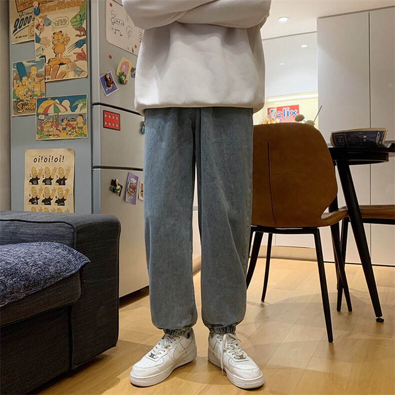 现货港风束脚抽绳休闲浅蓝色男牛仔裤九分裤D201-DM08-P40,男装牛仔裤,电商D321-1